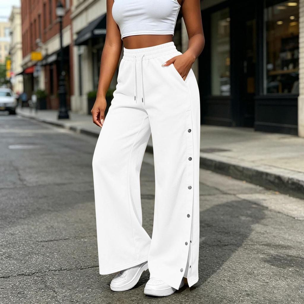 Women's Casual Color Wide Leg Pants with Side Buttons Loose Fit Trousers for Everyday Wear
