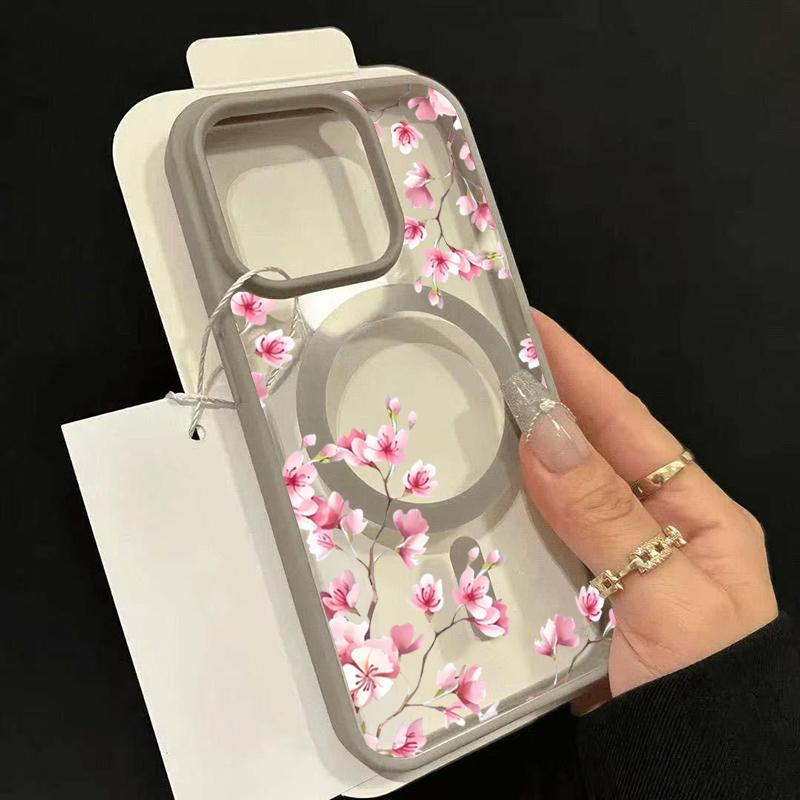 Pink Cherry Elegant Floral Background Design Magnetic Phone Case For iPhone 17 16 15 14 13 12 Pro Max 11 16 Plus 16E 17Air Cover
