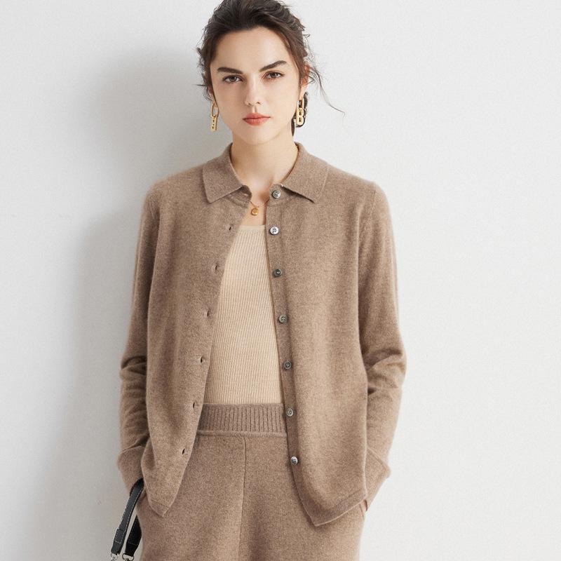 Women's 100% Cashmere Polo Neck Sweater - Loose Long Sleeve Knit Cardigan for Autumn and Winter