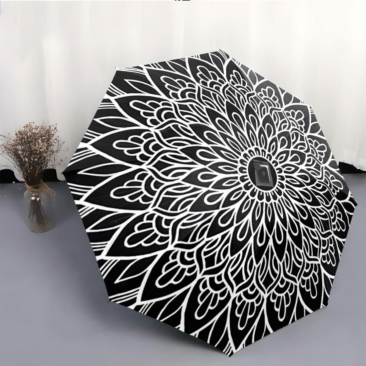 

Automatic Folding Umbrella with Mandala Floral Design - 8-Rib Automatic Open/Close, Large & Flower Pattern, Compact Travel Umb (as the picture,Iron&8K)