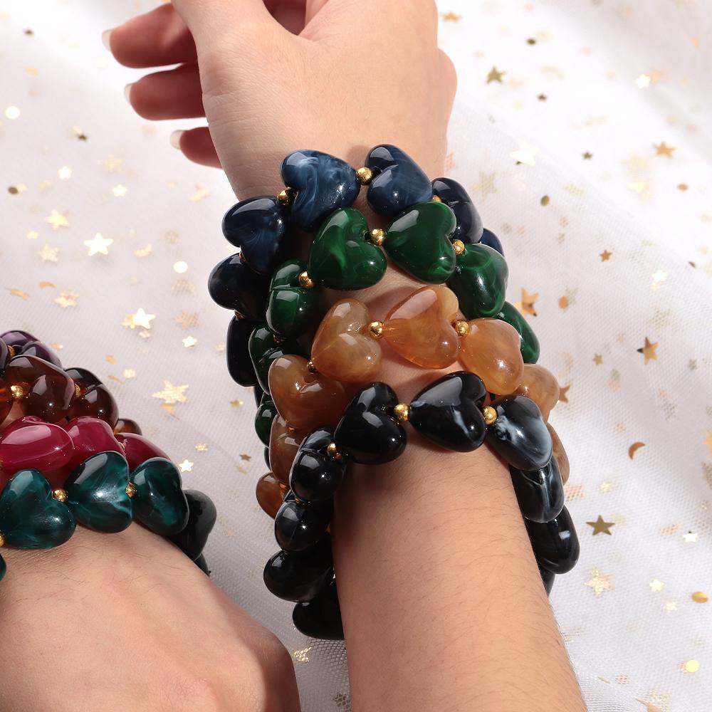 New Acrylic Heart Beaded Elastic Bracelet for Women Trendy Multicolor Resin Love Handmade Bracelets Valentine's Day Jewelry Gift