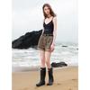 Shorts Jeans Feminino Sancai de Cintura Alta com Estampa de Leopardo e Barra