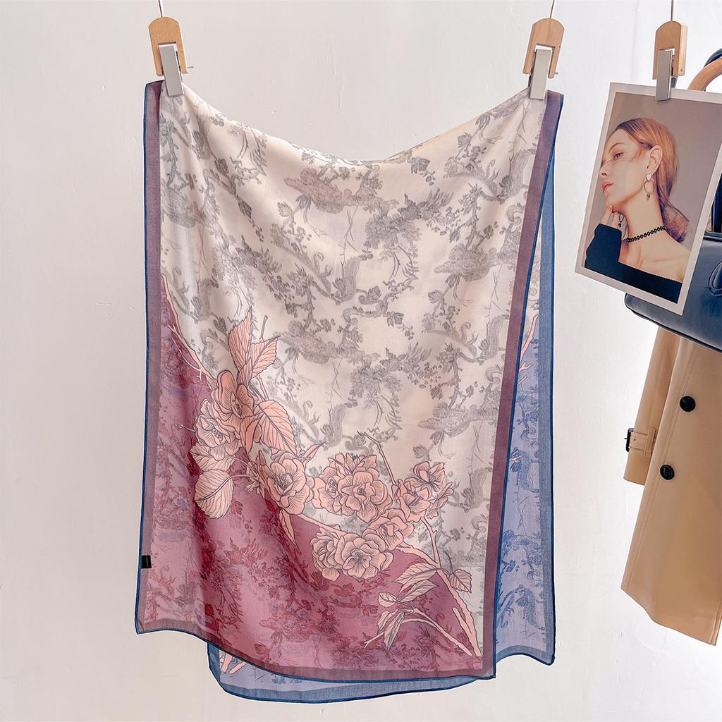New Korean Simple Double-sided Cotton and Linen Long Scarf Elegant Flower Printed Silk Scarf Fashionable Outer Shawl Scarf