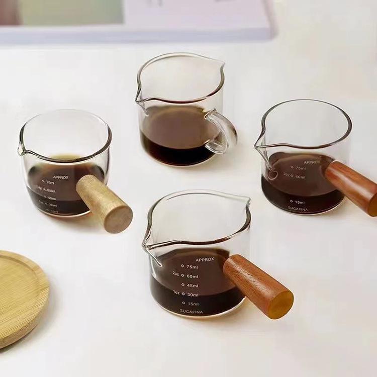 Espresso Scale Wooden Handle Milk Pitcher - Small Coffee & Sauce Measuring Cup