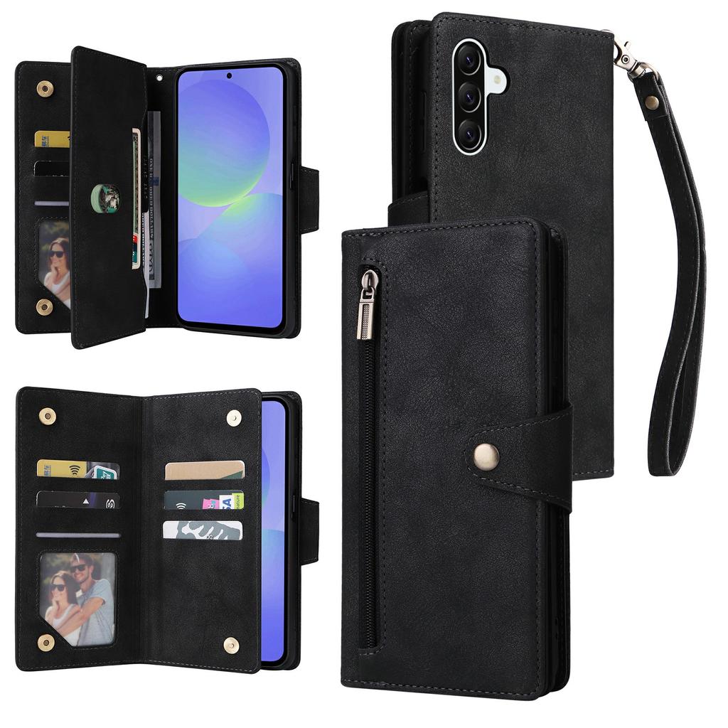 For Samsung Galaxy A37 5G Case Zipper Wallet Rivet Decor Leather Phone Cover with Wrist Strap