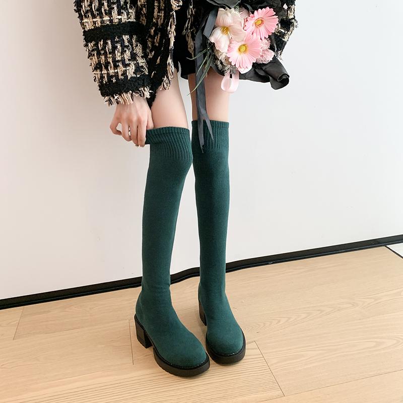 Men Women Boots Comfortable Stretchy Knit Over Knee Women Plus Size Thick Heel Long Woman Slip Slim High Botas Mujer 36 5490₽