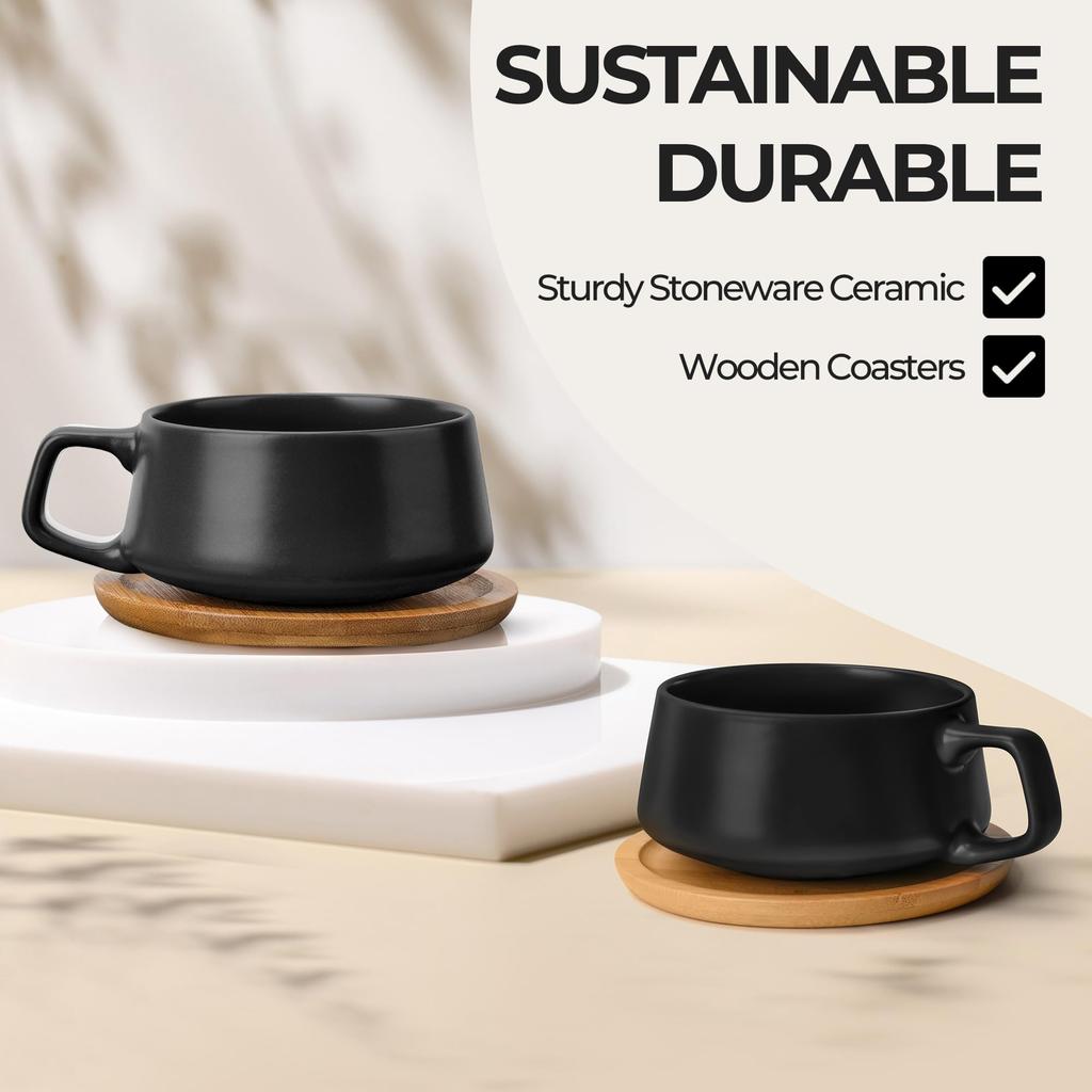 MIAMIO Coffee Cup Saucer Set x Elegant and Modern Stoneware Coffee Set of Luxe Collection - & (320ml 4) - Mugs, 4, (Black)