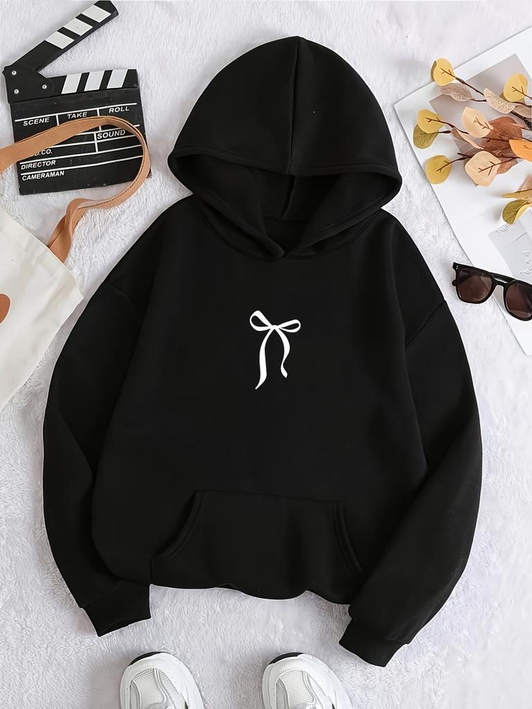 Women's Fashion Bow Pattern Kangaroo Pocket Warm Lined Hoodie Sweatshirt Casual Long Sleeve with Pockets Classic Design Fall Top