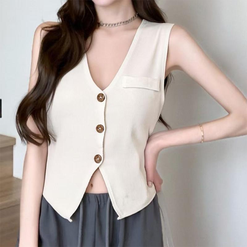 Women  Neck Knitted Vest French Retro Slim Single Breasted Sleeveless Top Trendy Soft Layer For All Occasions