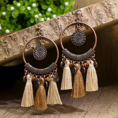Women Earrings Polka Dot Vintage Copper Ring Round Charm Two Tone Tassel Earrings