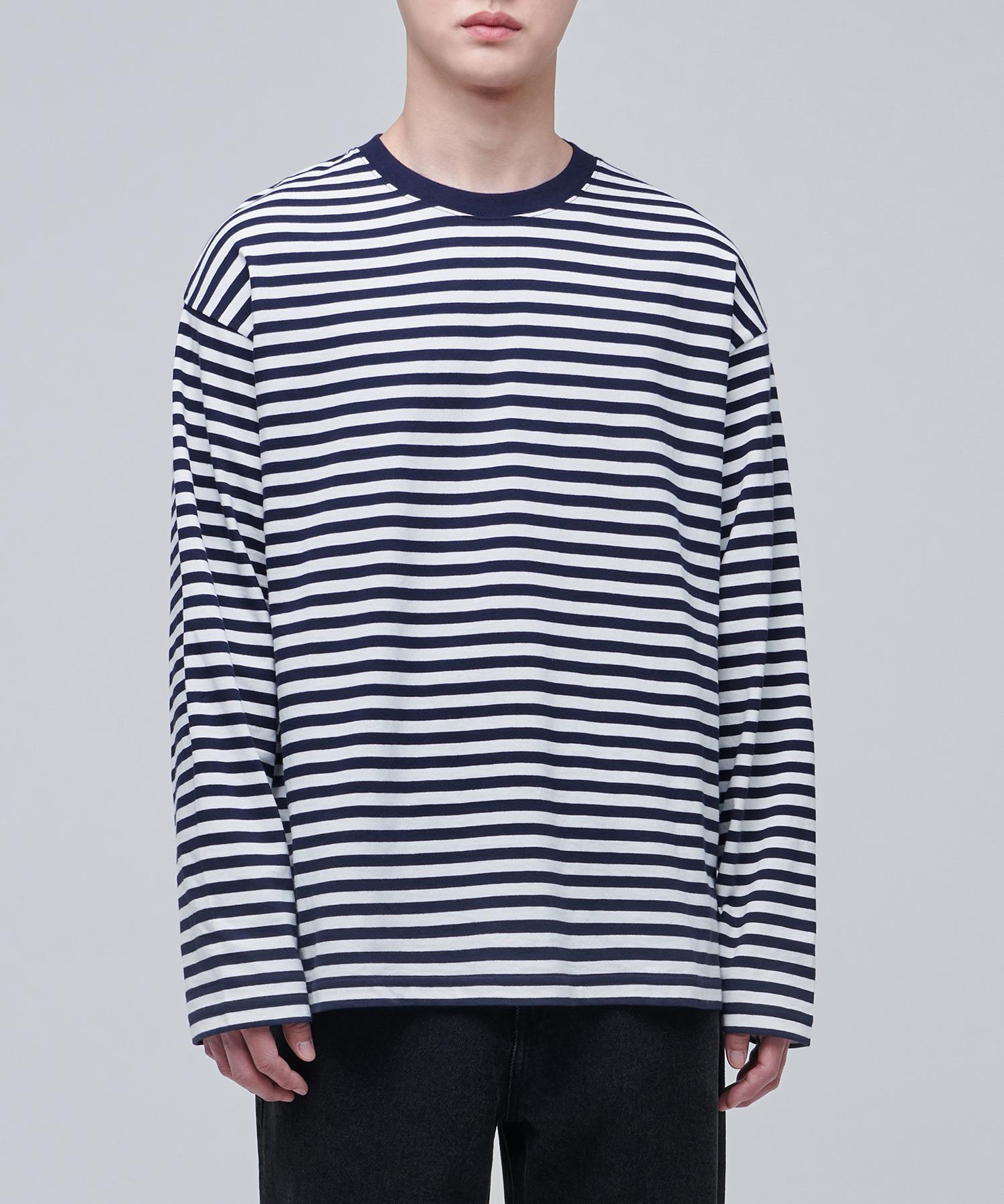 Musinsa Standard Striped Relaxed Crew Neck Long Sleeve T-Shirt [Navy] Navy/L
