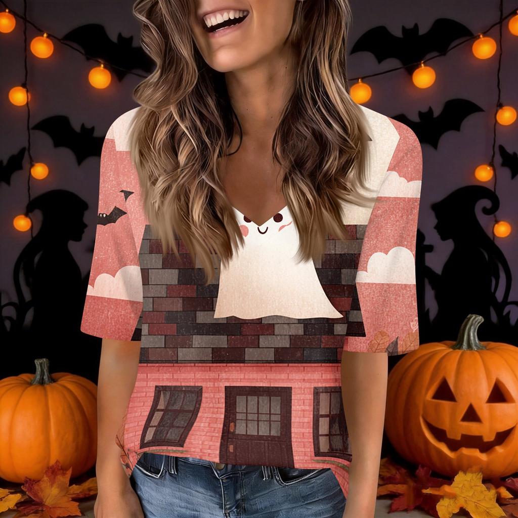 Women's Fashion Short Sleeve V Neck Halloween Print Tunic Top for Casual Wear