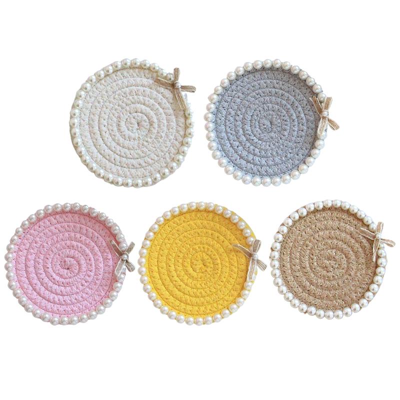 12cm*12cm Bowknot Chic Multiple Colors Ornament Pearl Handmade Cotton Rope Creative Coffee Cup Pad Home Table Decor Accessories