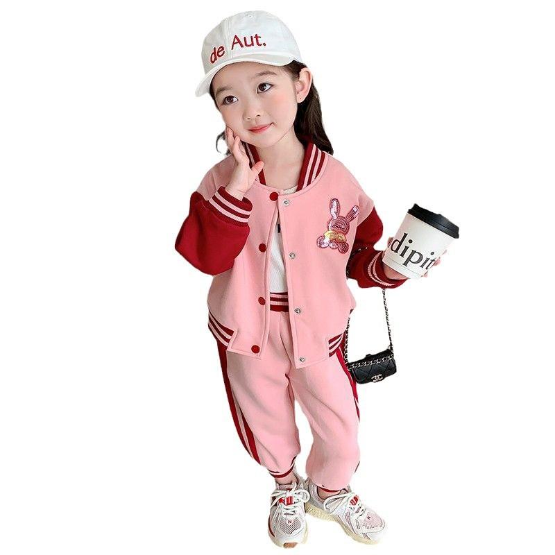 Girls Autumn Winter Cartoon Baseball Jacket and Pants Set Stylish Sporty Outfit