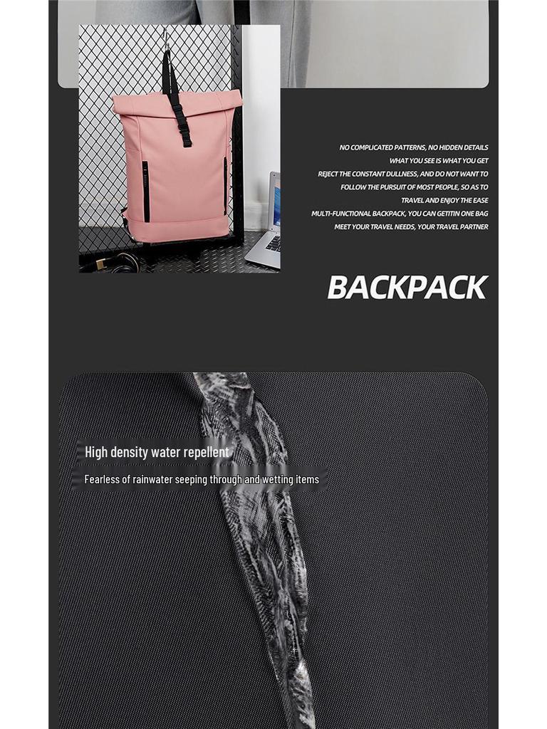 Herrryggsäck med rulltopp, vattentålig, för bärbar dator: Stor kapacitet för arbete, resor och högskola.