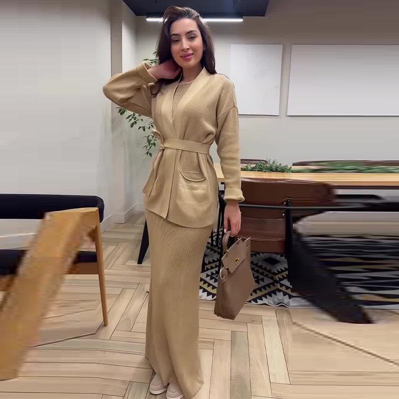 2024 Autumn Women's Lace-Up Knitwear & Slim-Fit Skirt Set
