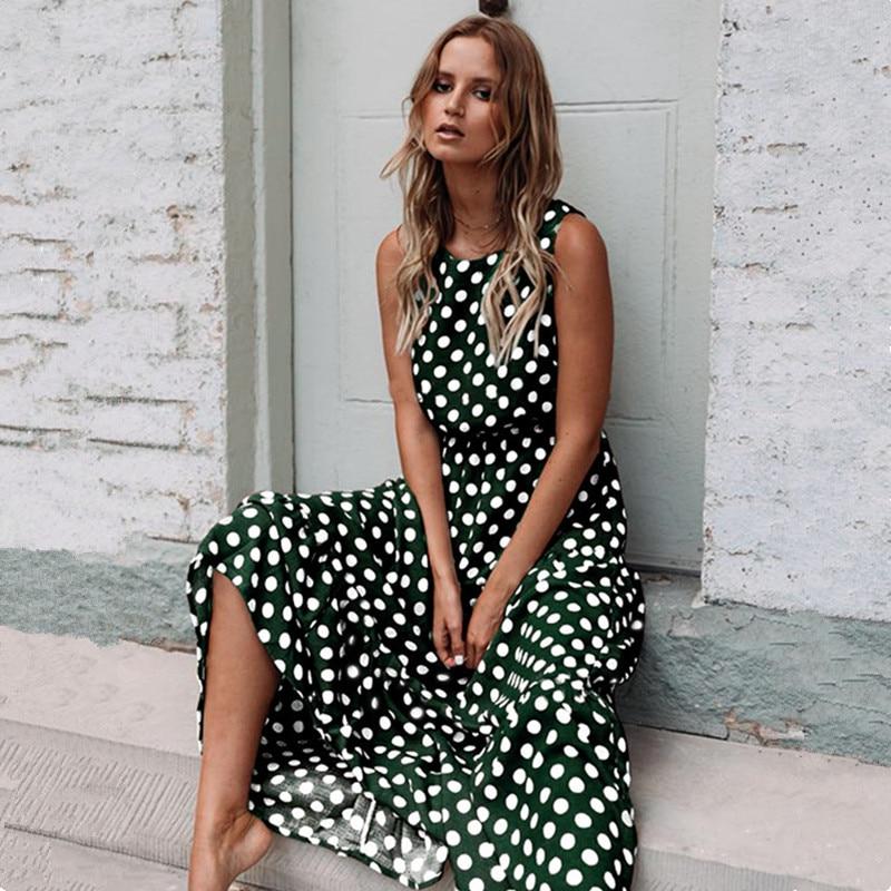 Summer Sexy O Neck Sleeveless Boho Polka Dot Print Maxi Dress New  Casual  Ladies Party Long Dress