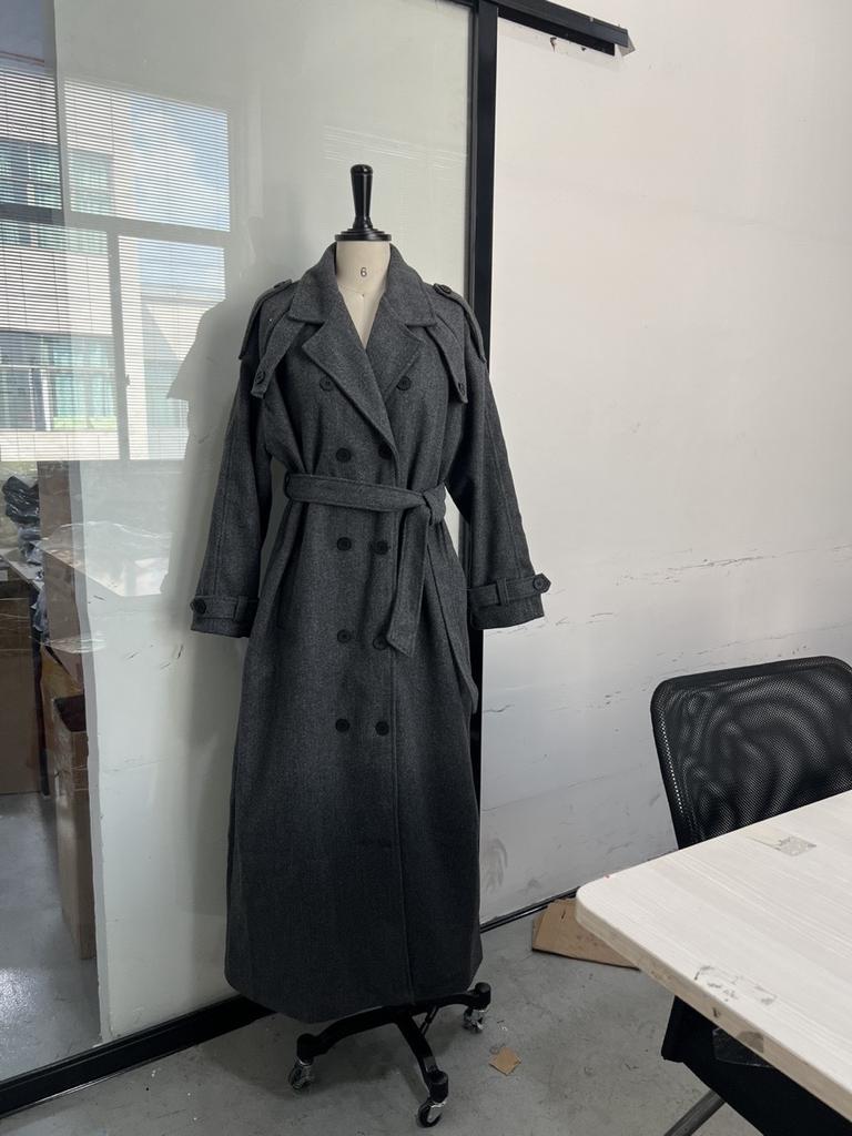 Women's Long Brown Trench Coat with Belt and Epaulettes