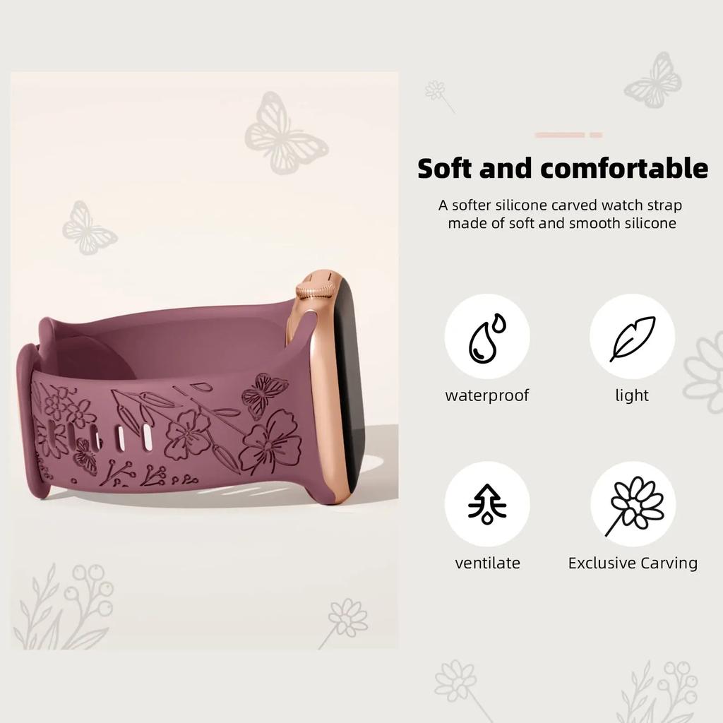 Floral Engraved Strap For Apple Watch Band 40mm 44mm 41mm 49mm 45mm 38mm 42mm Silicone Bracelet Iwatch Series 9 7 Se 6 8 Ultra 2
