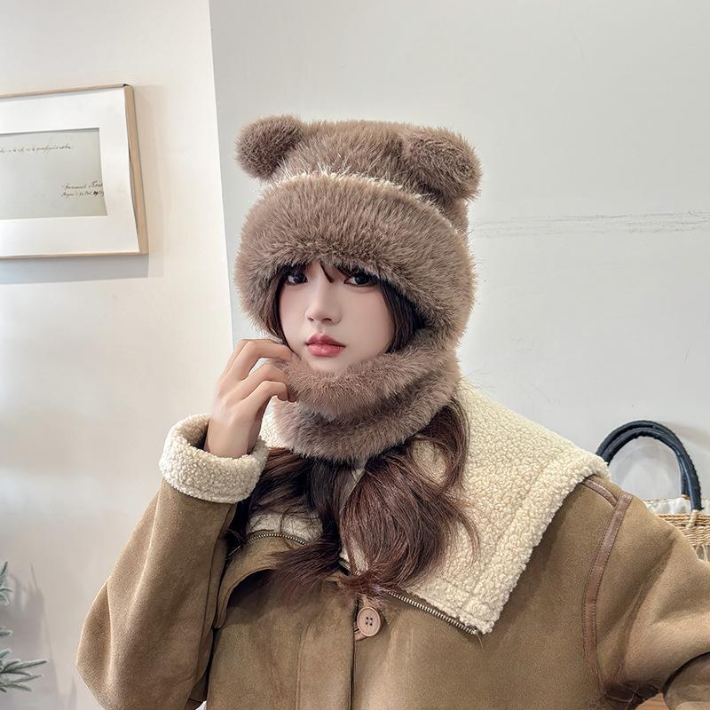 New Autumn and Winter Women's Plush Hat Scarf Warm Windproof Ear Protection Head Hat Versatile Casual and Fashionable Knitted Hat