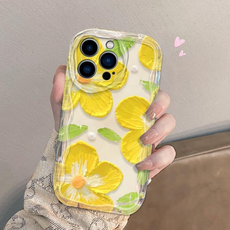 Yellow flower mobile phone case Apple 15promax women s cream pattern 14pro wavy pattern soft case iPhone13 iphone15