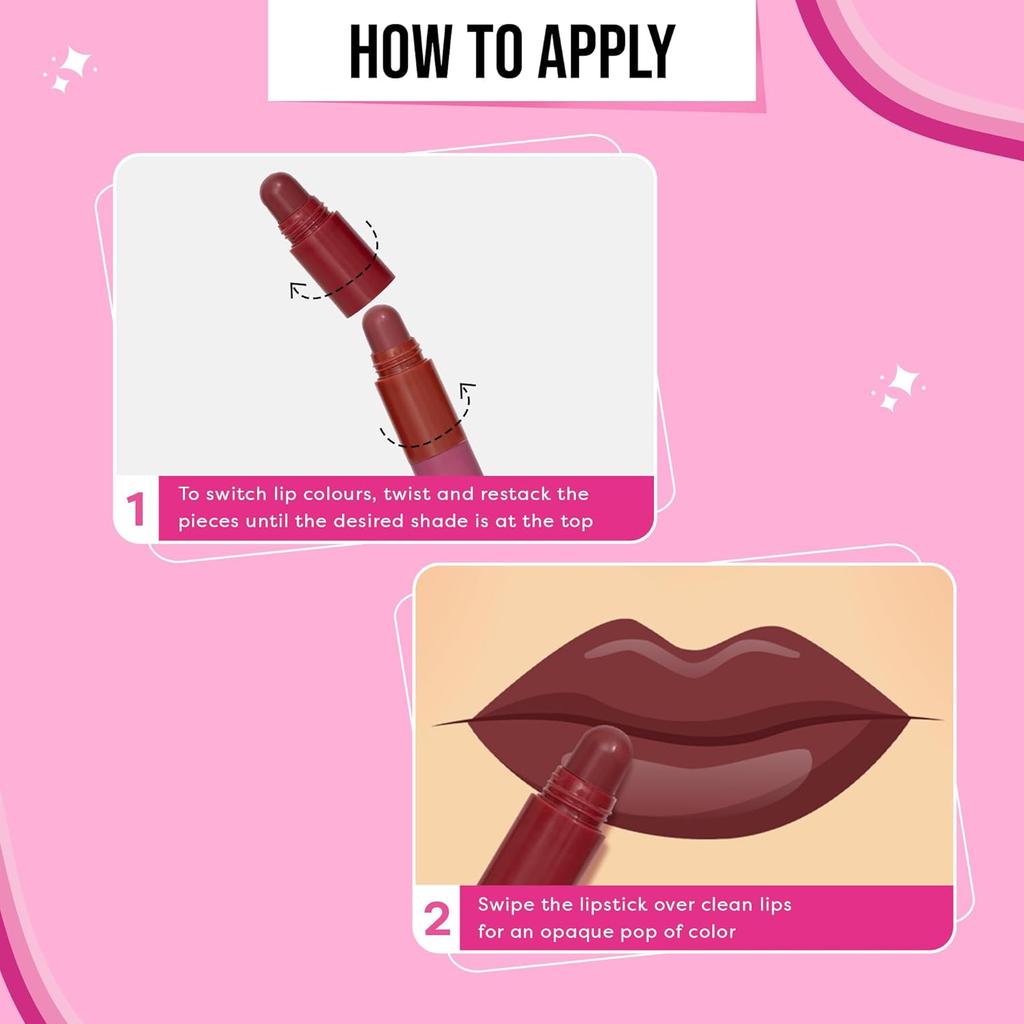 SUGAR POP 4 in 1 Lip Twist Stackable Satin Matte Lipstick Travel Friendly Multi Use Makeup Set 6.4g Bare Perfection
