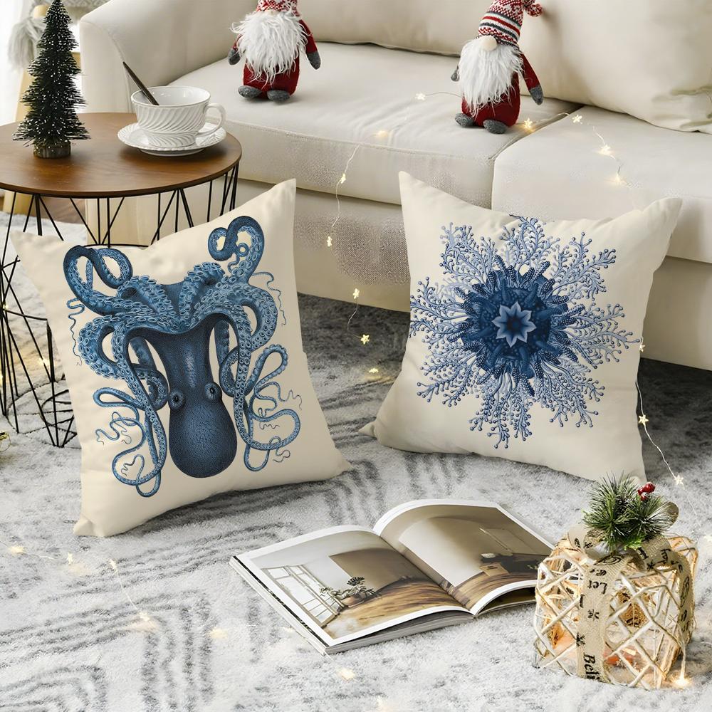 B-Blue Sea Creature Pillow Case Living Room Sofa Decorative Cushion Cover Simple Household Light Luxury Printed Pillow