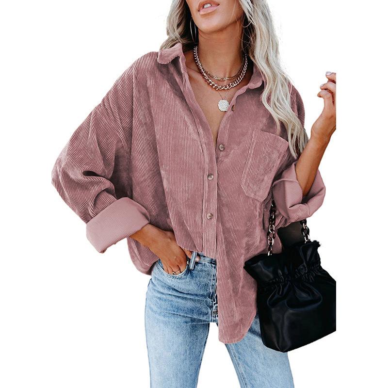 Damer Casual Manchestervårdblus Randig Damer Skjortjacka Vintage Knapp Ficka Lös Mode Blusar Toppar Plus Size