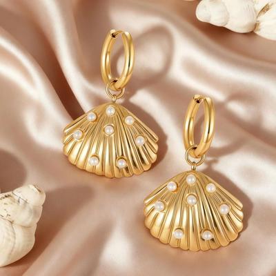 Summer Gold Color Shell Pendant Earrings for Women Stainless Steel Imitation Pearl Earrings Fashion Party Jewelry Gift