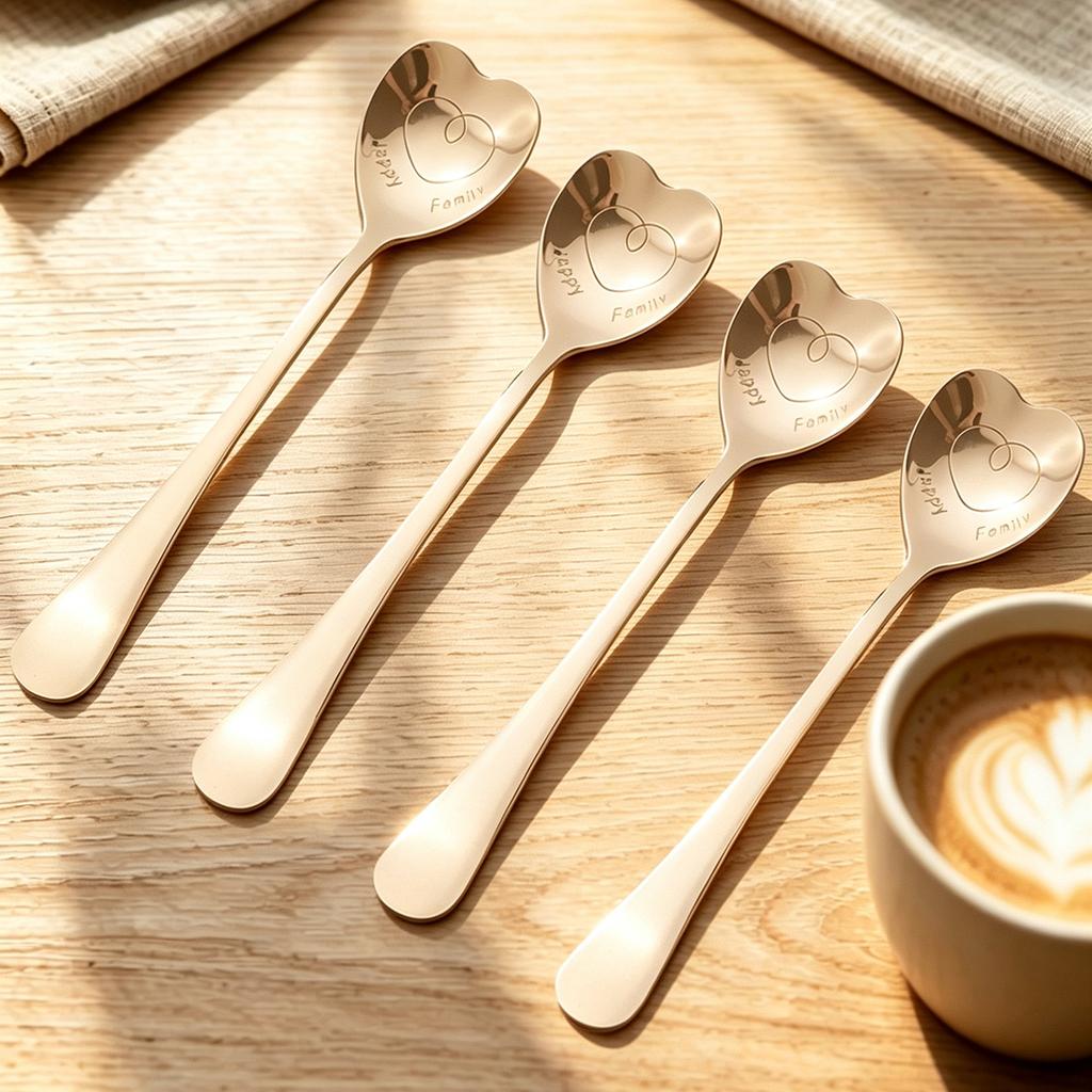 Heart Shaped Coffee Spoons Set of 4,Stainless Steel Teaspoons,Engraved Dessert Spoon for Coffee Tea Ice Cream Yogurt,Multi‑Color Gift Spoons