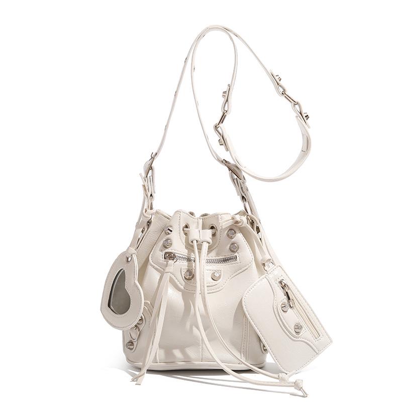 2024 Women's Summer Bucket Bag Set: Fashion Drawstring, Rivet Design, with Wide Shoulder Strap and Messenger Bag.