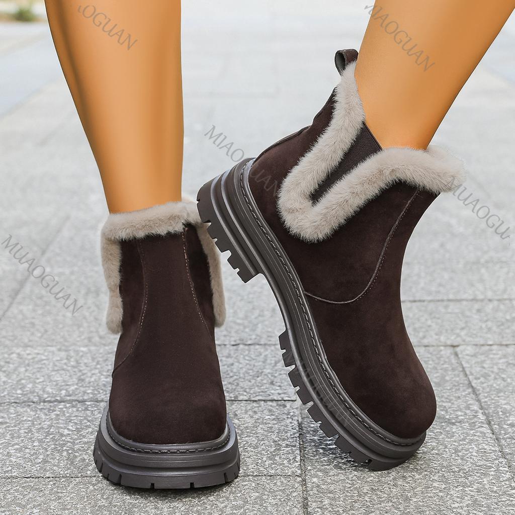 Fashion Furry Snow Boots Female Padded Thickened Cotton Shoes for Women 2025 Winter New Thick Bottom Slip on Plush Heeled Ankle Botas