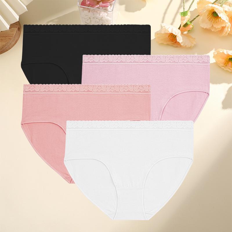 4PCS/Set Women Cotton Panties Sexy Low Waist Briefs Lace Cotton Female Comfortable Underwear Solid Color Soft Lingerie
