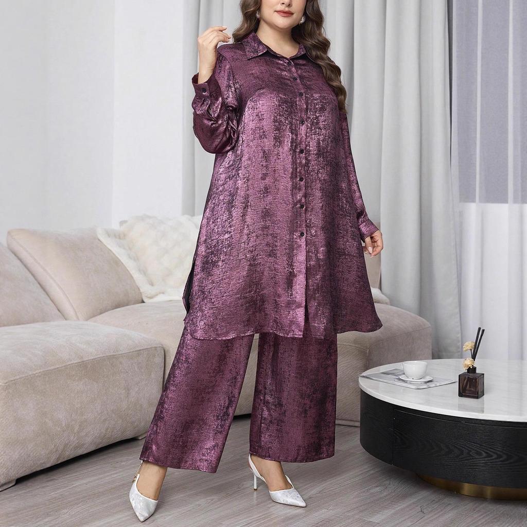 Auf Lager Elegantes Zweiteiliges Set für Damen in Übergrößen für Herbst/Winter: Freizeithemd & Weit geschnittene Hose