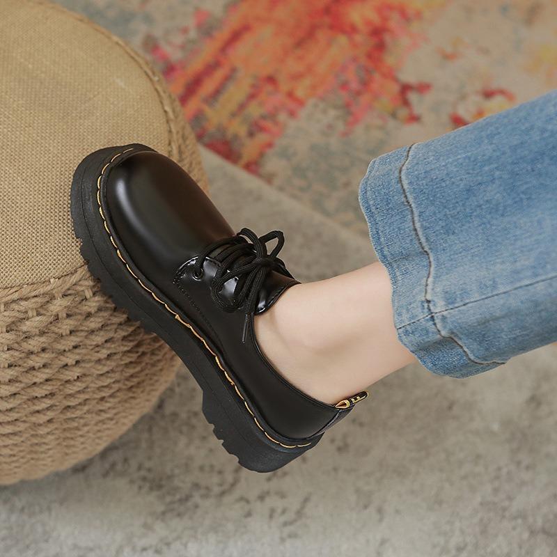 Thick-soled Women's Autumn and Winter New Small Leather Shoes Small Black Derby Single Shoes Leather Shoes