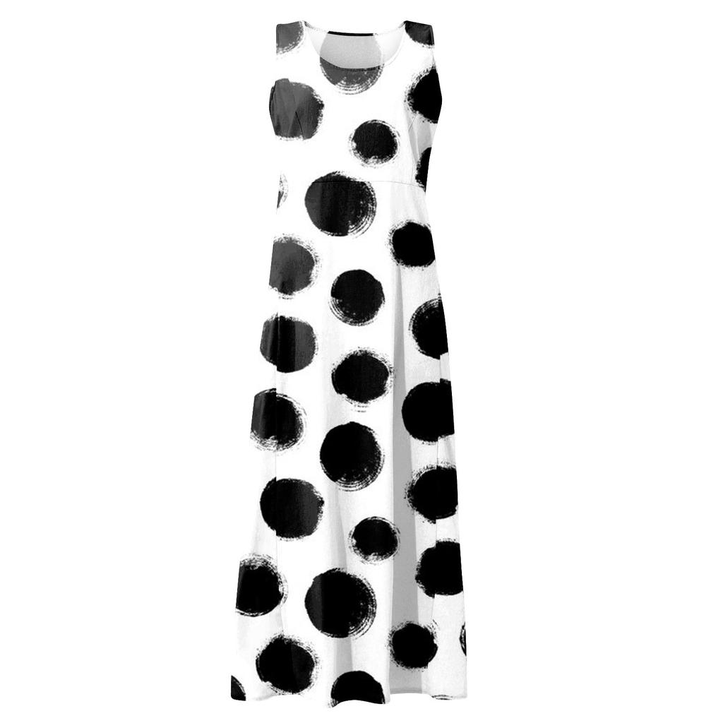 Lockeres Sommerkleid für Damen mit Rundhalsausschnitt, Wellen-Punkt-Druck, ärmellos, großes Swing-Kleid mit Tasche