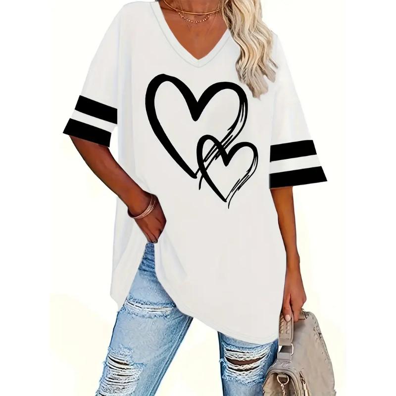 Plus Size Heart & Stripe Print T-Shirt Casual Short Sleeve Top For Spring & Summer Women's Plus Size Clothing