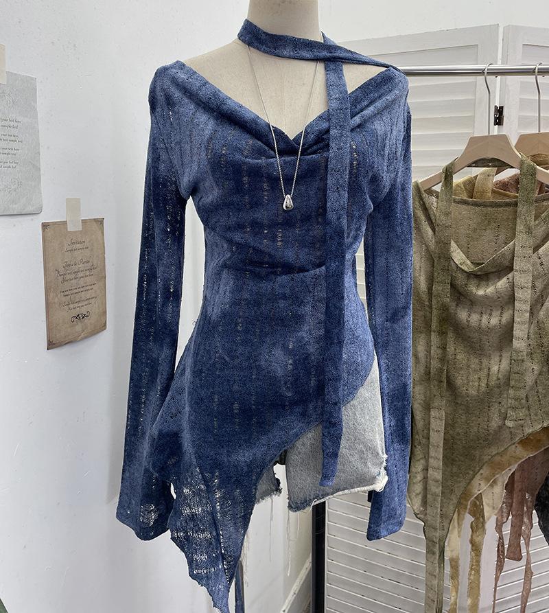 

Blue Off Shoulder Long Sleeve Top with Asymmetric Hem and Tie Detail One size fits all синий