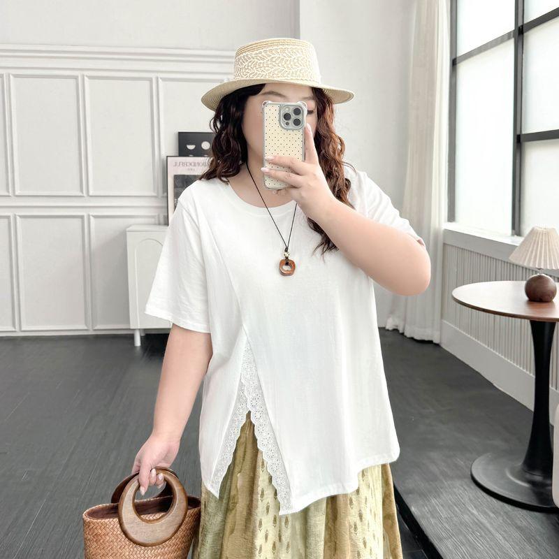 

Plus size women clothing [Exquisite Lace T] Lace Stitching Split T-shirt Summer Chubby Girl Meat Covering round Neck Short sleeve Top