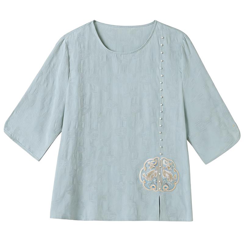 Women's Plus Size Chinese Embroidery Top – 3/4 Sleeve Round Neck Textured Blouse (Sizes 3XL-8XL) for Middle-Aged Ladies