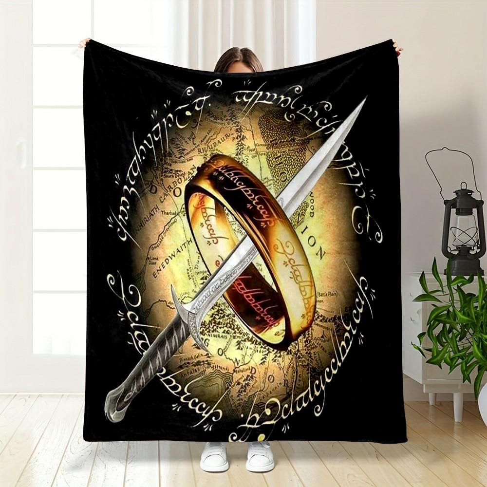 Golden Ring and Sword with Elvish Script, Flannel blanket for bedroom, living room, sofa, and nap sofas.