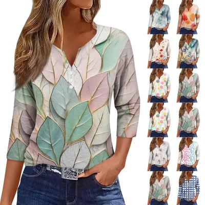 Γυναικεία Μόδα Casual Μπλουζάκι με λαιμόκοψη V με κοντό μανίκι, διακοσμητικό κουμπιά, μπλουζάκι τριών τετάρτων