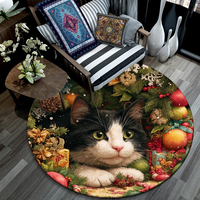 Christmas cat pattern round rug,Carpet Rug for Living Room Bedroom Playroom ,Non-slip Floor Mat,Holiday Gifts and Birthday Gifts.