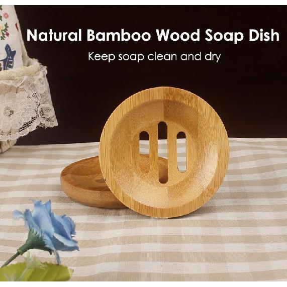AKOAK Round Shape Natural Bamboo Wood Soap Dish Storage Holder for Shower,Counter,Sink,Bathroom - 1 Count