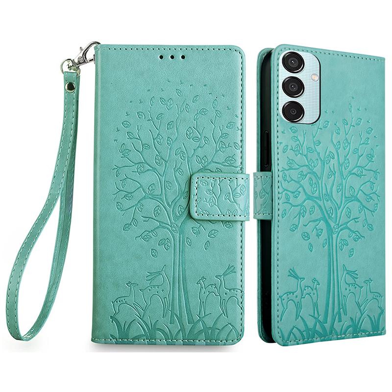 

For Samsung Galaxy M15 5G Leather Case with 3 Card Slots Tree Pattern Phone Cover Green