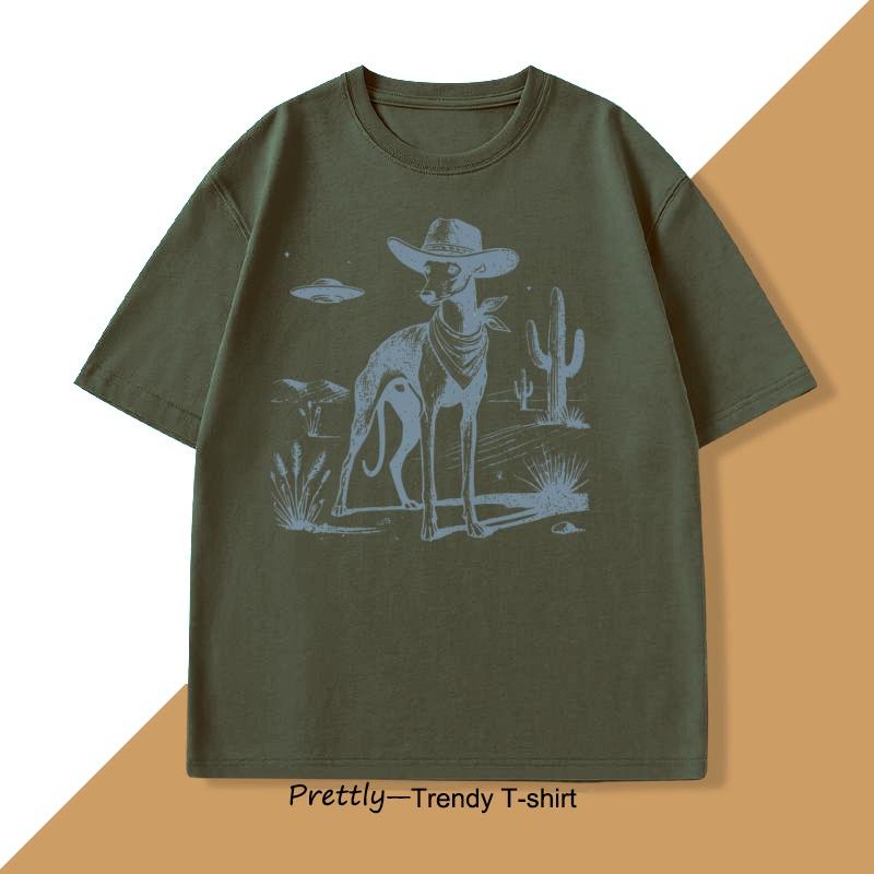 Vintage UFO Western TShirt Cotton Retro Short Sleeve Tshirt Cowboy Wild West Dog Mom T Shirt Casual Round Neck Loose Tees Top