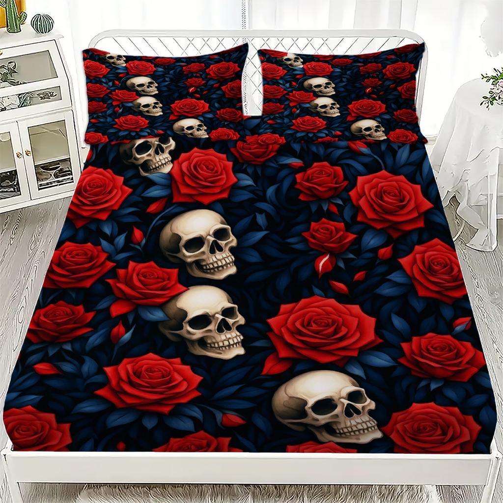 3pcs Fitted Sheet Set Gothic Style Skull Flowers Print 100% Polyester Breathable Bedding Set for Home Decor with 2 Pillowcases