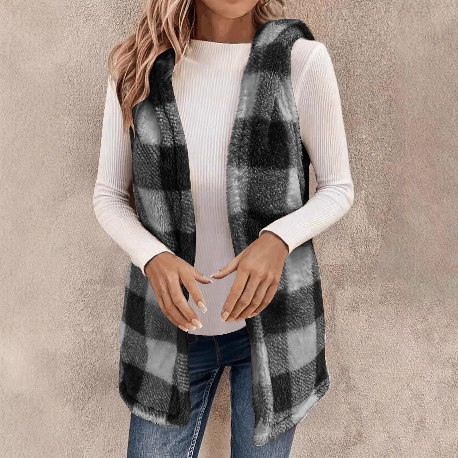 

Клетчатый флисовый жилет для женщин с капюшоном, осенне-зимний, пушистый, теплый, без рукавов, модная верхняя одежда L