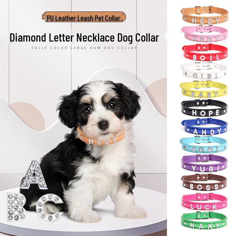 Glowing Rhinestone Pet Collar: PU Leather DIY Name Necklace for Cats & Dogs