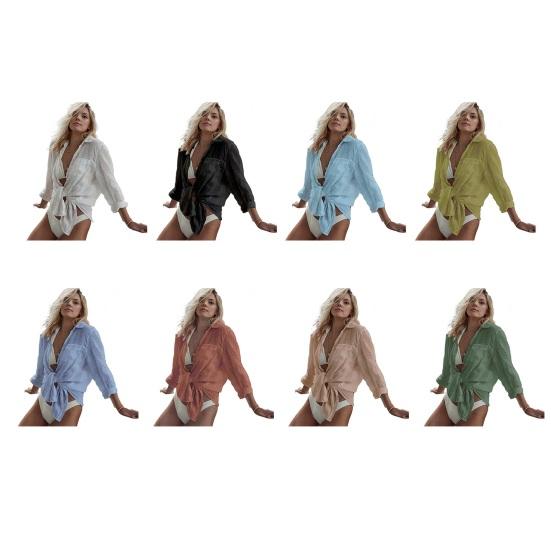 Women Shirt Lapel Buttons Placket Loose Fit Breathable Beach Cover-Up with Lace-Up Front Long Sleeve Sun Protection Shirt